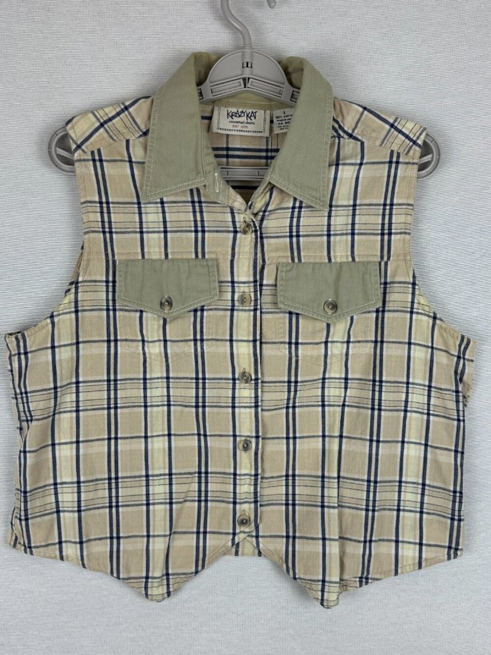 KRAZY KAT BUTTON DOWN SLEEVELESS PLAID VEST SHIRT 100% COTTON SIZE L-LARGE